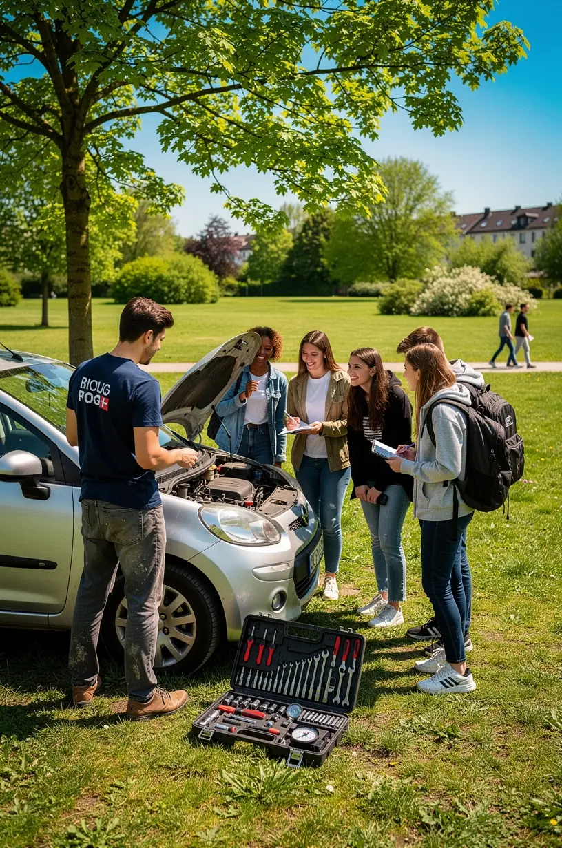 Mobiler Reparaturservice behebt eine Reifenpanne an einem Auto am Straßenrand in Deutschland
